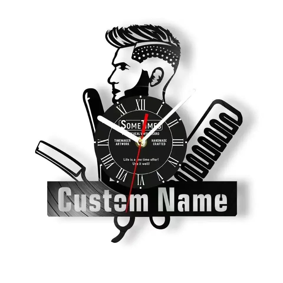 Custom Barber Shop Name Sign Vinyl Record Wall Clock for Man Club Hair Salon Personalized Hairdresser Name Decorative Wall Watch