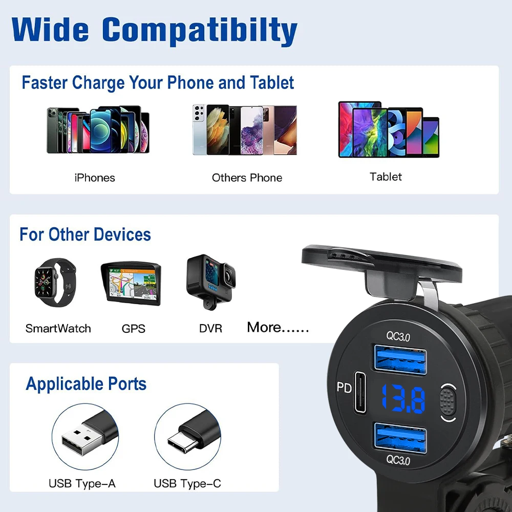 Picture 5: 3-Ports 12V Motorcycle QC 3.0 USB Fast Charger Waterproof with Type C Port New PD Outlet Handlebar Mounting Cellphone Chargers