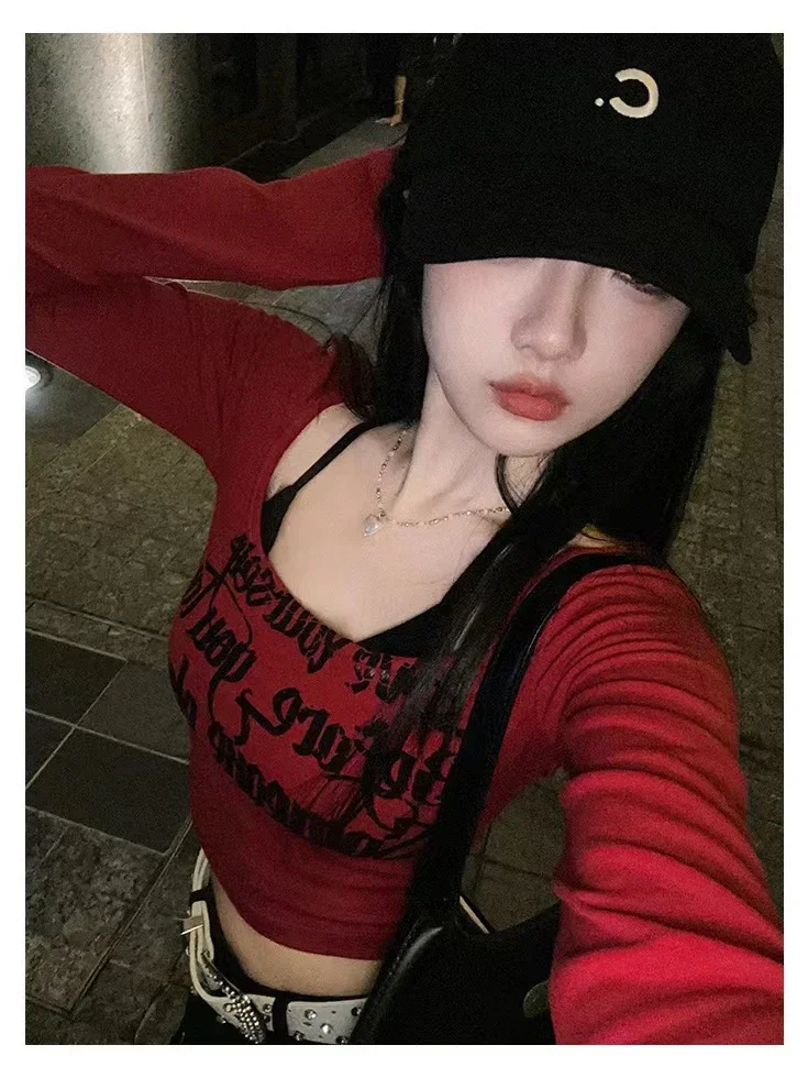 Primavera New Spice Girl Crop Top Gotico Lettera Stampa T-shirt a maniche lunghe + Canotta Trendy Slim Fit High Street Donna Y2k T-shirt