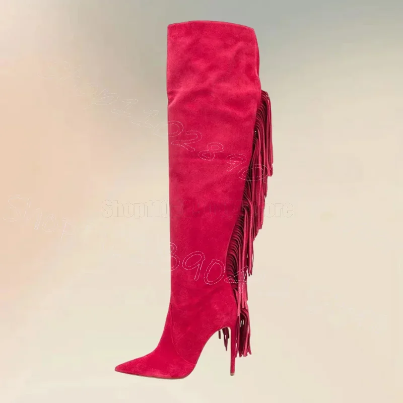 

Rose Red Tassels Suede Pointed Toe Boots Side Zipper Women Shoes Thin High Heels New Party Feast Dating 2025 Zapatos Para Mujere