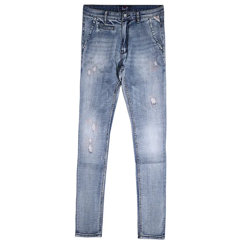 Fashion Designer Men Jeans High Quality Retro Light Blue Elastic Slim Fit Ripped Jeans Men Printed Vintage Denim Pants Hombre