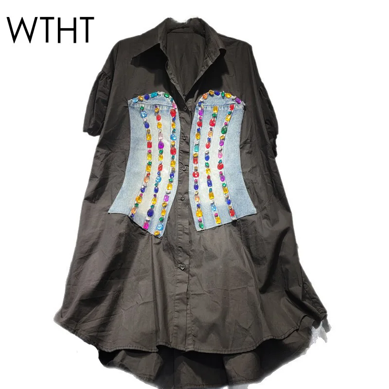 

WTHT винтажные женские джинсовые рубашки контрастного цвета со сращенными бриллиантами, модные топы с короткими рукавами и лацканами, женские топы, лето 2025, 1LS1914