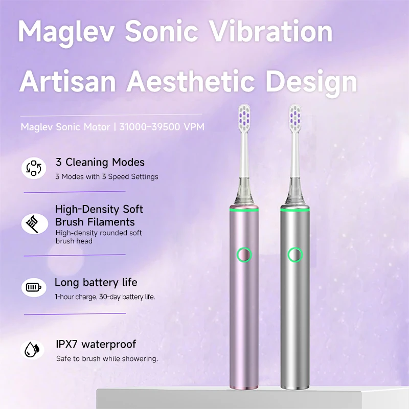 Rechargeable Maglev Sonic Toothbrush IPX7 Waterproof 3 Cleaning Modes 4 Brush Heads 30‑Day Battery Adult Silver Purple