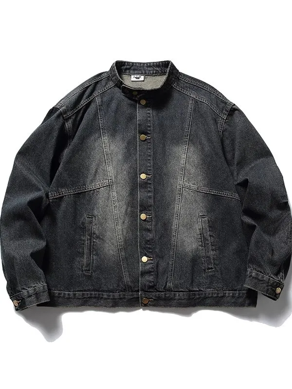 

Мужской джинсовый топ с тяжелой талией в стиле ретро, весенне-осенний универсальный высококачественный топ, свободный крой, однотонный длинный воротник-стойка...