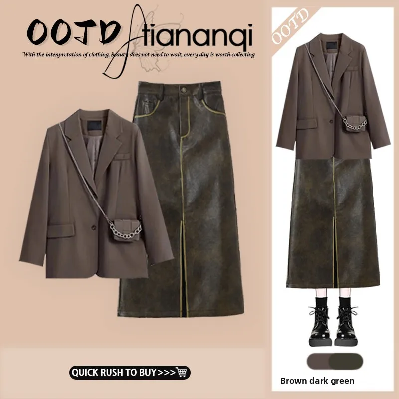 

plus Size Early Autumn New Sle Korean College Sle Loose Suit Jaet Vintage Slimming Skirt Two Piece Set Ele