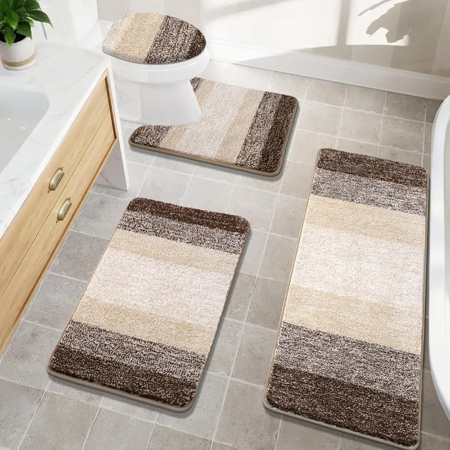 

Bathroom Rugs Sets 4 Piece with Toilet Cover, Plush Shaggy Bath Rugs Set Non Slip Washable, Absorbent Microfiber Bath M