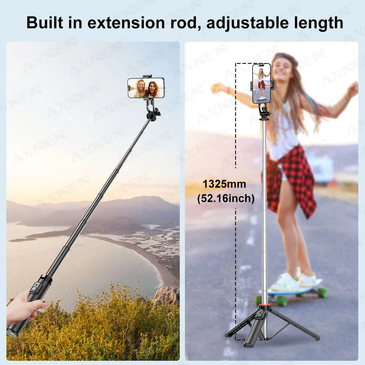 AXNEN Mobile Phone Tripod C12/C13 Tipods for Cellphone Gopro Action Camera, 1325mm Stand with Wireless Bluetooth Remote for Live