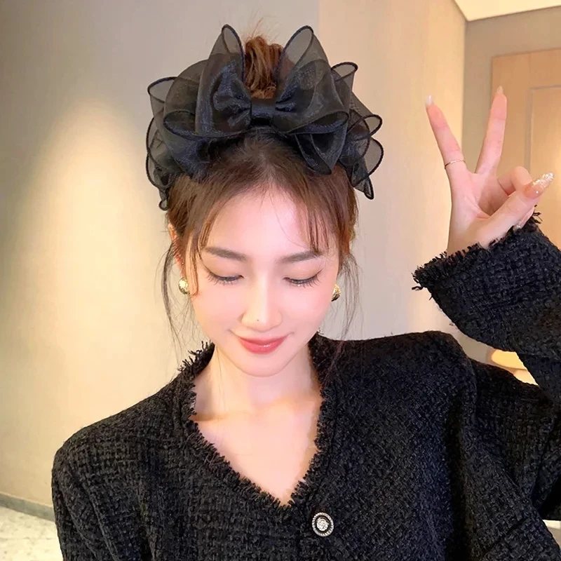 New Fashion Retro Black Mesh Big Bow Headband Women Elegant Temperament Bow Headband Headwear Sweet Cute Girls Hair Accessories