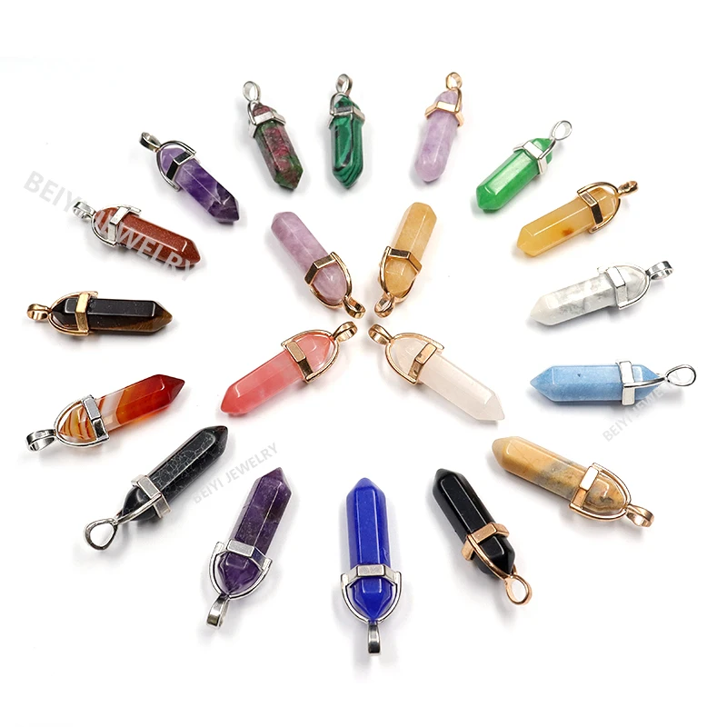 

26PC/Set Natural Stone Hexagonal Pendulum Reiki Charm Pendants DIY Jewelry Making Healing Pillar Chakra Necklaces Beads