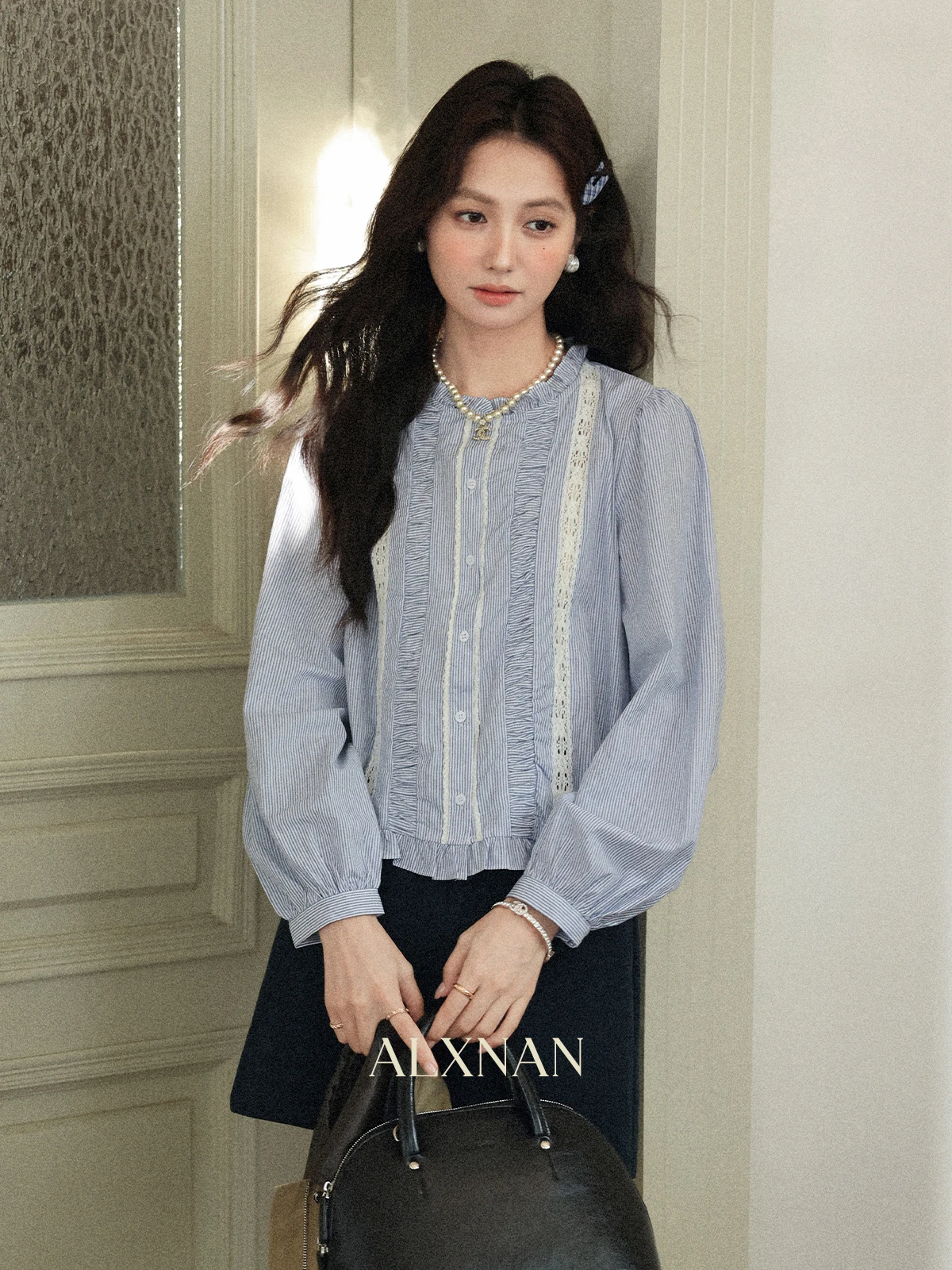 

ALXNAN Blue Striped Shirt Women French Ruffled Long Sleeve Cotton 100% Shirts 2025 Autumn Elegant Casual Tops Ladies L57238-1