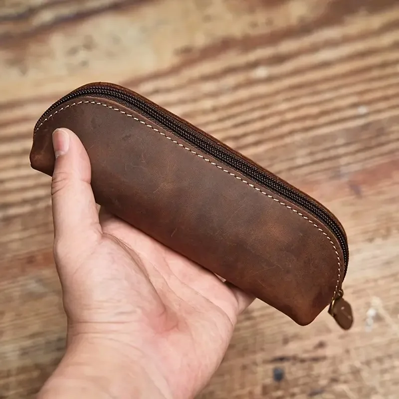

1PC Vintage Leather Pencil Bag Retro Simple Stationery Holder Zipper Pencil Pouch Pen Case Storage Bag School Stationer Supplies