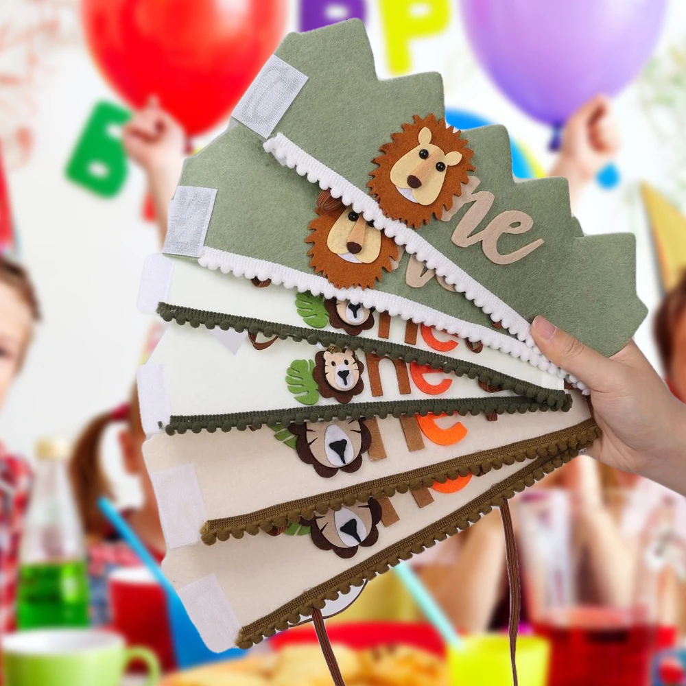 Sombrero de corona de León de un año de edad, Mini diadema para niños, decoración de fiesta de cumpleaños de bebé, sombrero de animales, decoración de fiesta temática de jungla