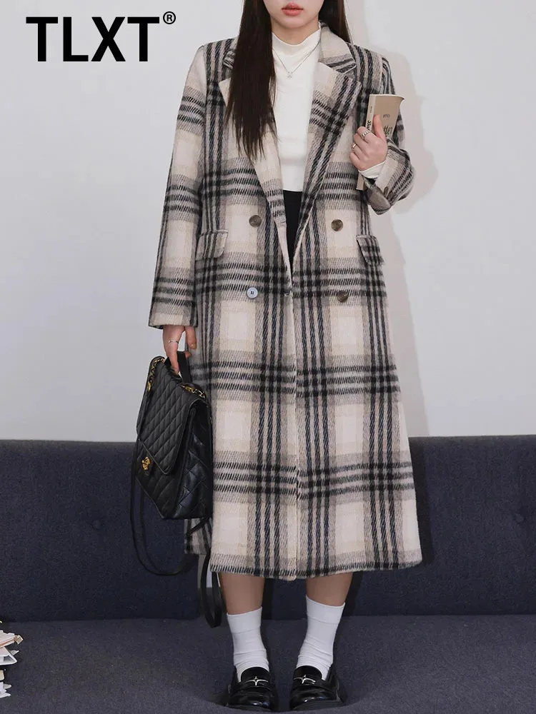 

TLXT элегантное женское шерстяное пальто, тяжелая промышленность, клетчатый дизайн, двубортное пальто с длинными рукавами, женское зимнее пальто 2023, новинка XK1733