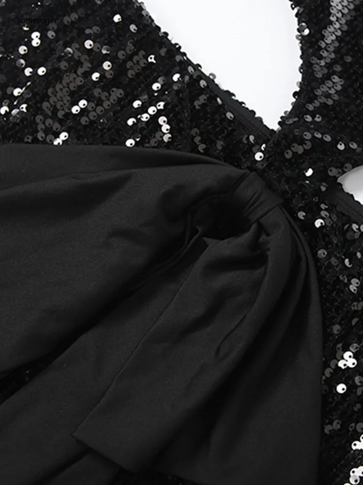 Yomesugar Elegant Sequin Evening Gown Women Hipster Sexy Halter Backless Cut Out Bowkot Skinny Vestidos Birthday Party Clubwear