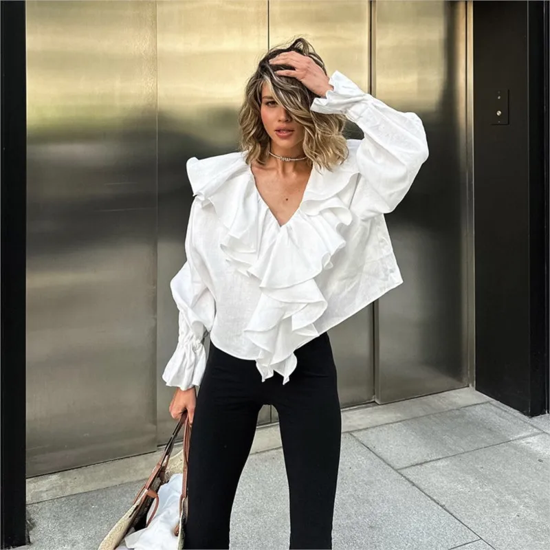 

Fashion Ruffle Edge Shirt Women White Cotton And Linen Tops Sexy V-neck Long Sleeve Blouse 2025 New Summer Casual Loose Shirts