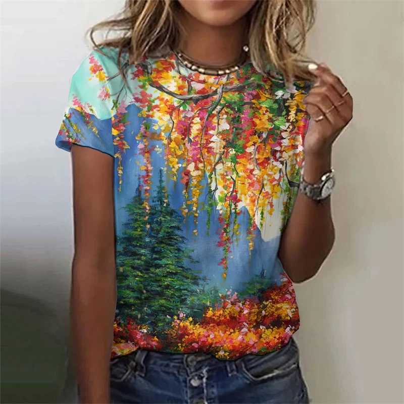 Flower Plants Pattern T-Shirt For Women Colorful Floral 3D Printed Tees Summer Harajuku Street O-Neck Tops Short Sleeve T Shirts