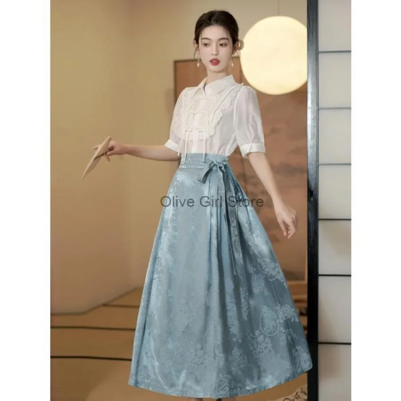 Improved Horse Face Skirt Hanfu Office Lady Traditional Chinese Women's Clothing Short Skirt Suit Dress Summer Women's Set Daily