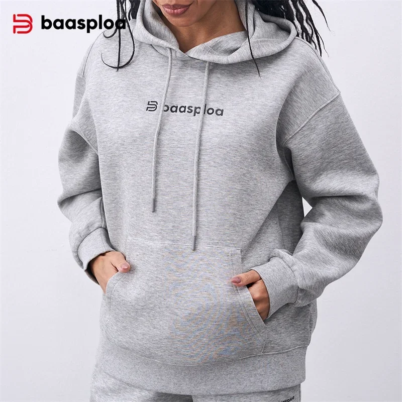 Baasploa Women Hooded Sweatshirts New Fashion Solid Color Pocket Loose Pullover Tops Female Casual Long Sleeve Hoodies