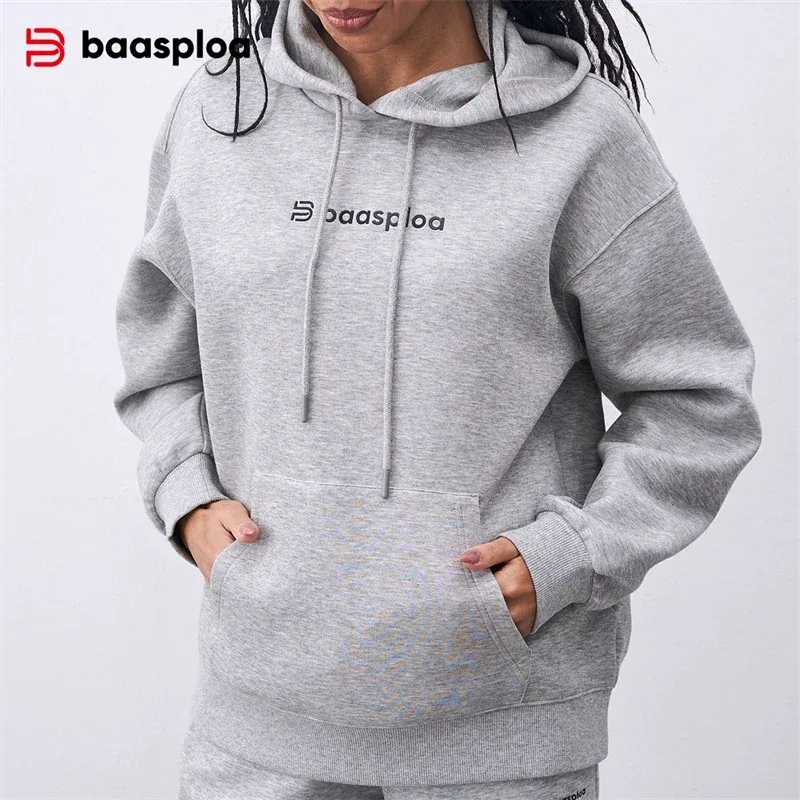  Baasploa Women Hooded Sweatshirts New Fashion Solid Color Pocket Loose Pullover Tops Female Casual Long Sleeve Hoodies 