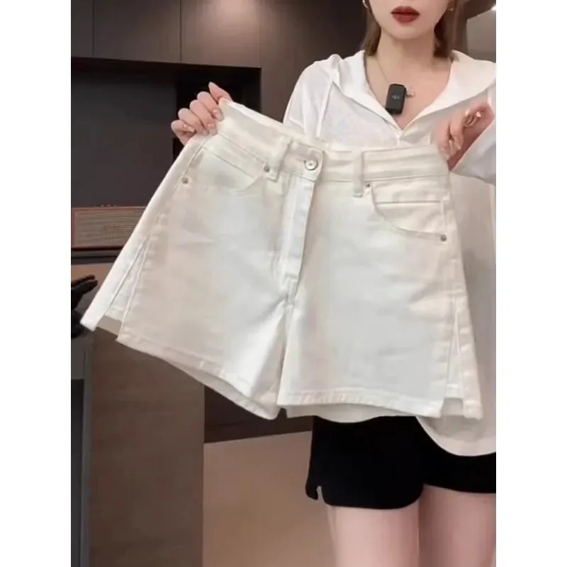 Women's High Waist Stretch Denim Skort Split Hem A-Line Wide Leg Shorts Summer Thin Version Slim Fit Casual Hot Pants