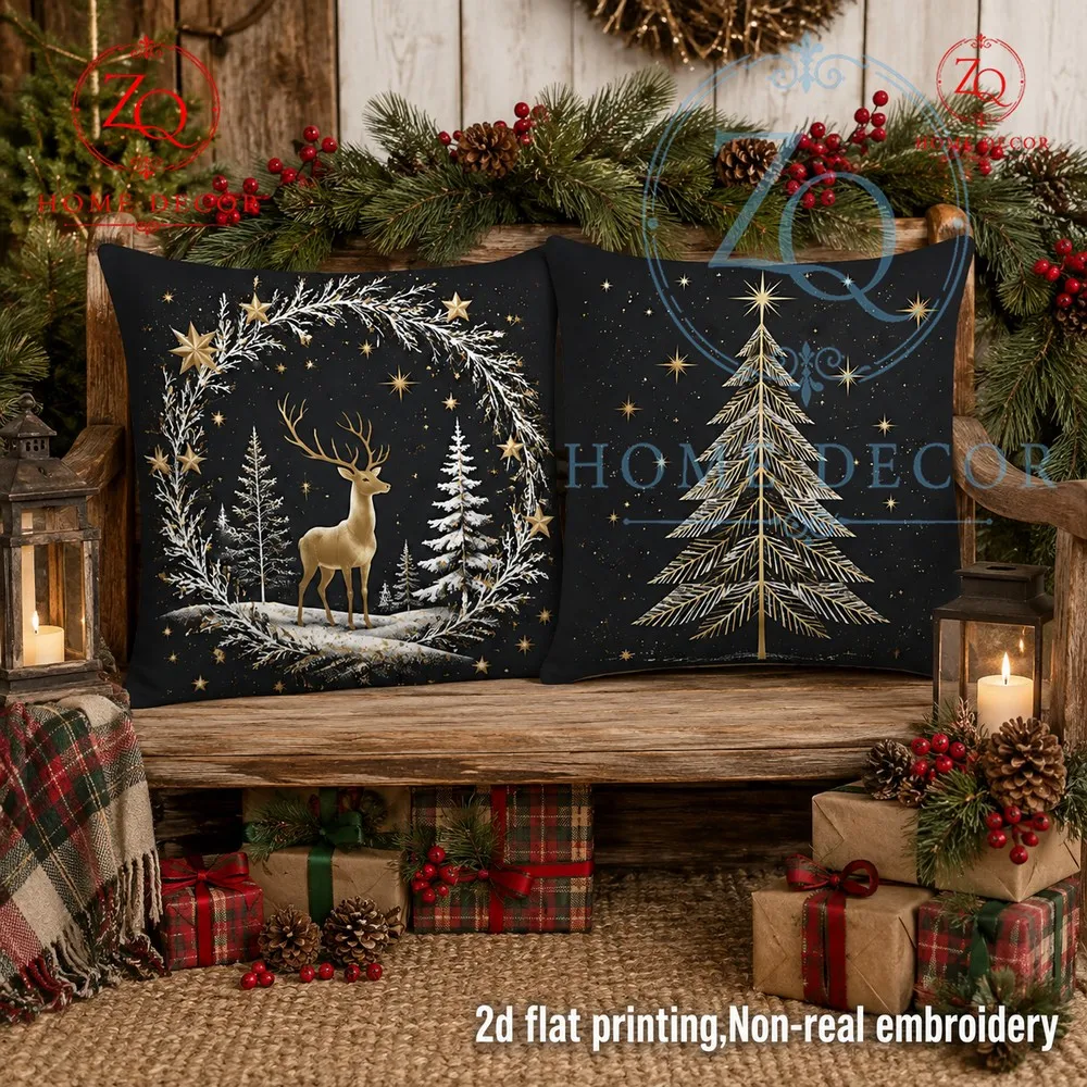 Black luxury Christmas pillowcase with retro reindeer pine branch starry sky design crees a wonderful mosphere perfect