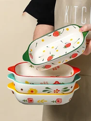Binaural Ceramic Rectangular Baking Plate Cheese Baked Rice Plate Household Salad Plate Cute Printed Baking Bowl Utensils