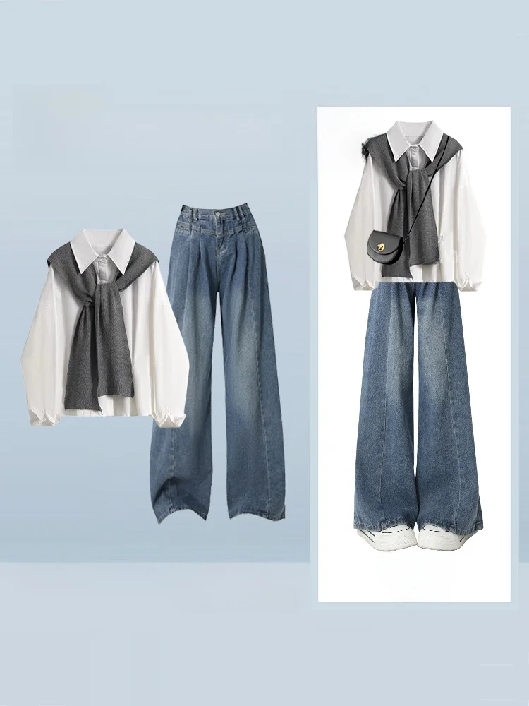 

Fashionable Premium Feeling Loose Long Sleeve Shirt And Jeans Set for Women Autumn Winter Slimming Versatile Casual Outfit