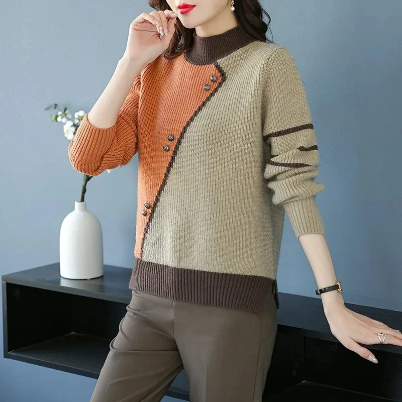 Semi-turtle Neck Sweater Women Autumn Winter New Color Matching Knitted Bottoming Shirt Top Korean Long Sleeve Pullover Top