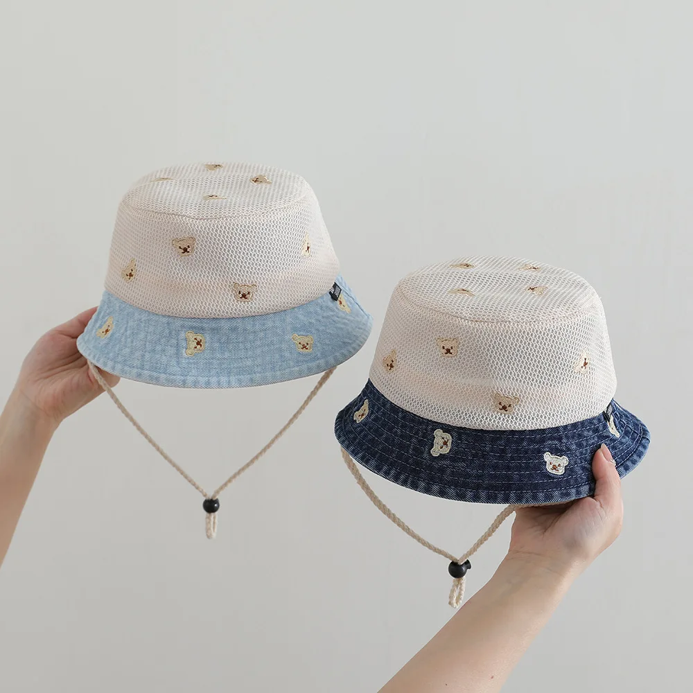 2026 Mesh Summer Baby Caps Lovely Bear Embroidery Pattern Kids Boys Girls Outdoor Sun Hats Soft Denim Children Fisherman Hat