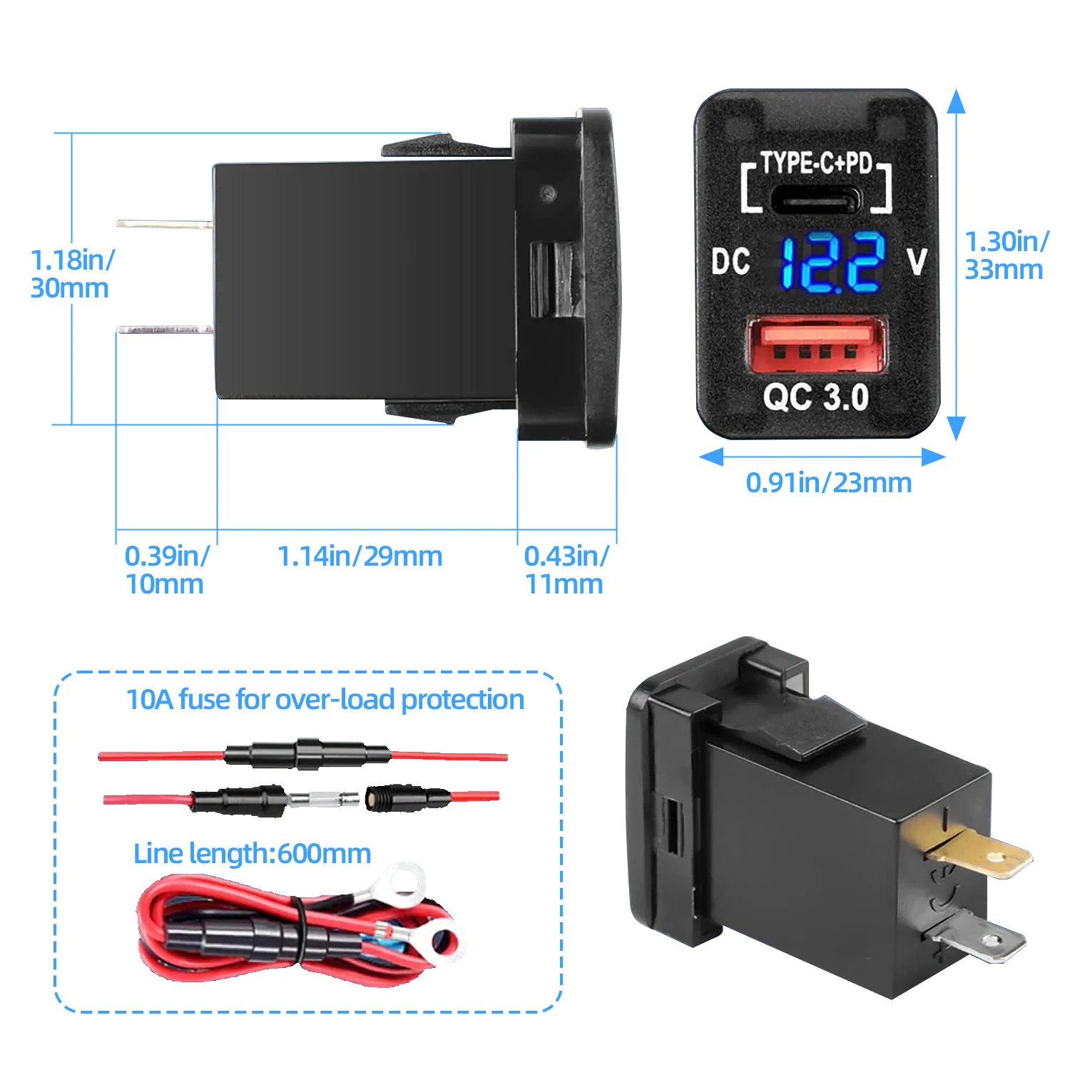 12/24 فولت شحن سريع 3.0 و PD USB C شاحن سيارة المقبس محول الطاقة مع الفولتميتر LED الرقمي لمركبات تويوتا