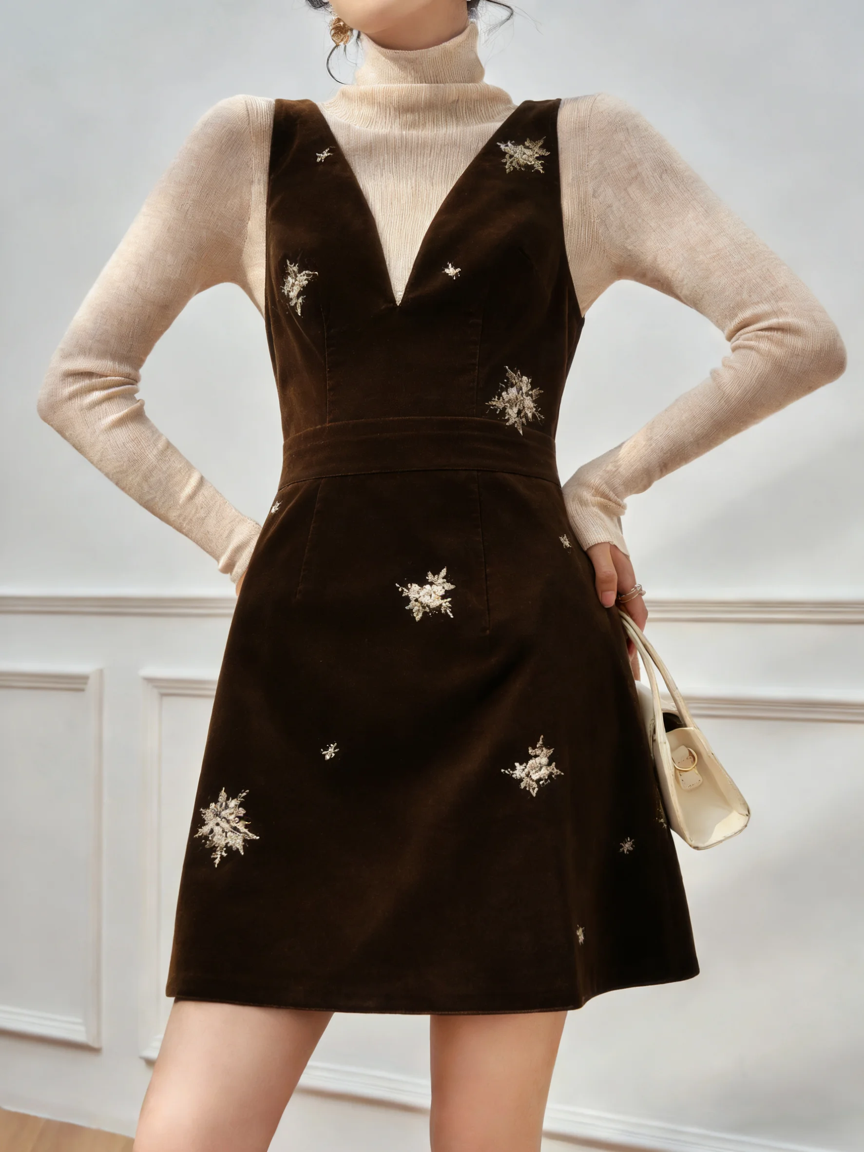 

Stunning Coffee Colored Barn Sle V-Ne Waist-Cinched Embroidered Vest Dr High Waist Summer Women's Faion Sensation