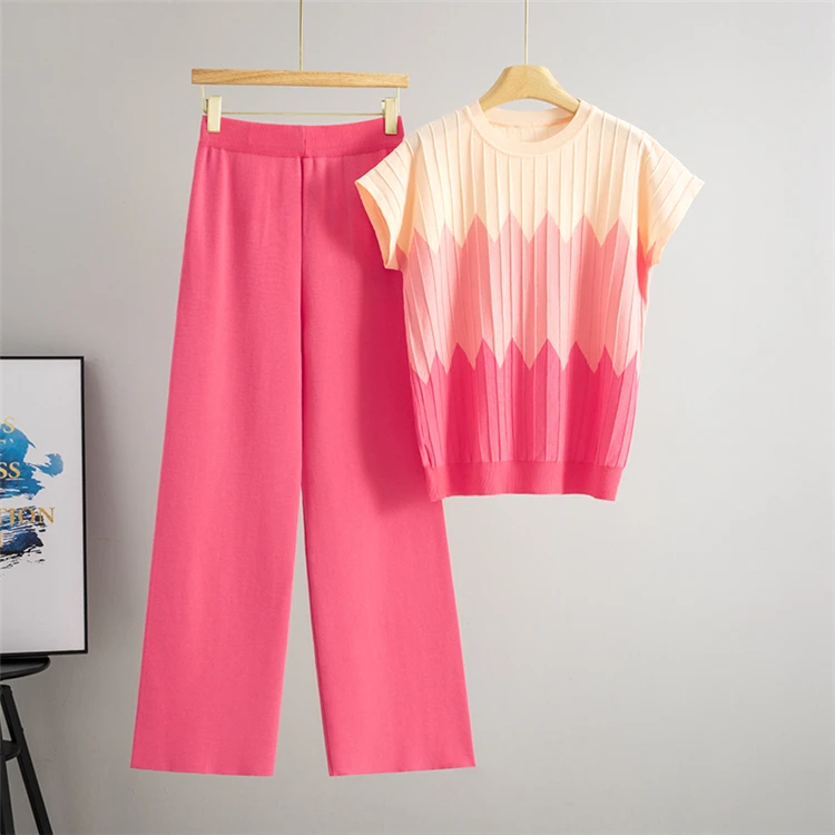 Damen Sommer Mode Kurzarm Rundhals Farbblock Strick-Set Locker Bequeme Weite Hose Zweiteiler – Detail 6