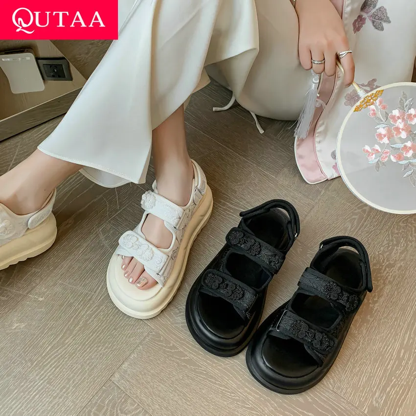 

QUTAA 2024 Platforms Women Med Heel Summer Leisure Women Sandals Hook&Loop Comfortable Casual Outdoor Shoes Woman Size 34-40