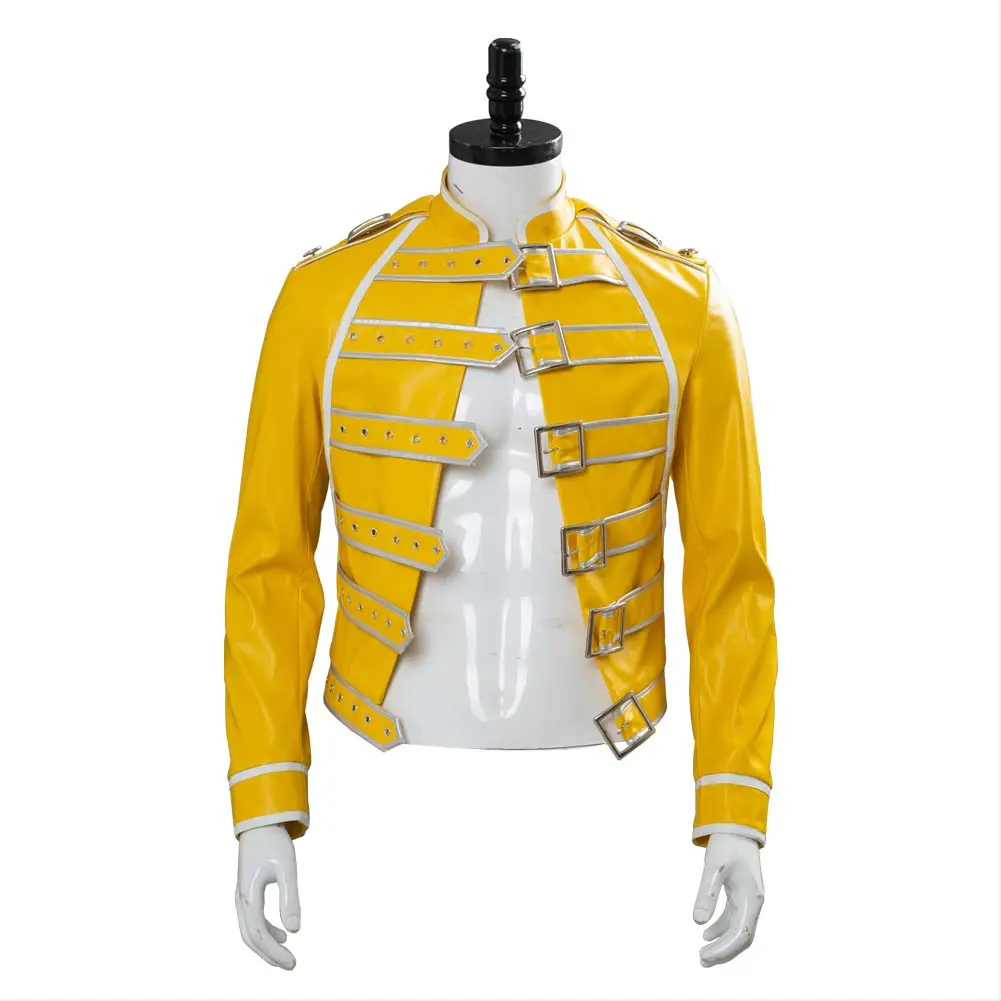 Freddie Mercury Fantasia de Cosplay para Homens Adultos, Vocais Queen, Jaqueta Amarela, Casaco Halloween, Roupas de Festa de Carnaval, Anime