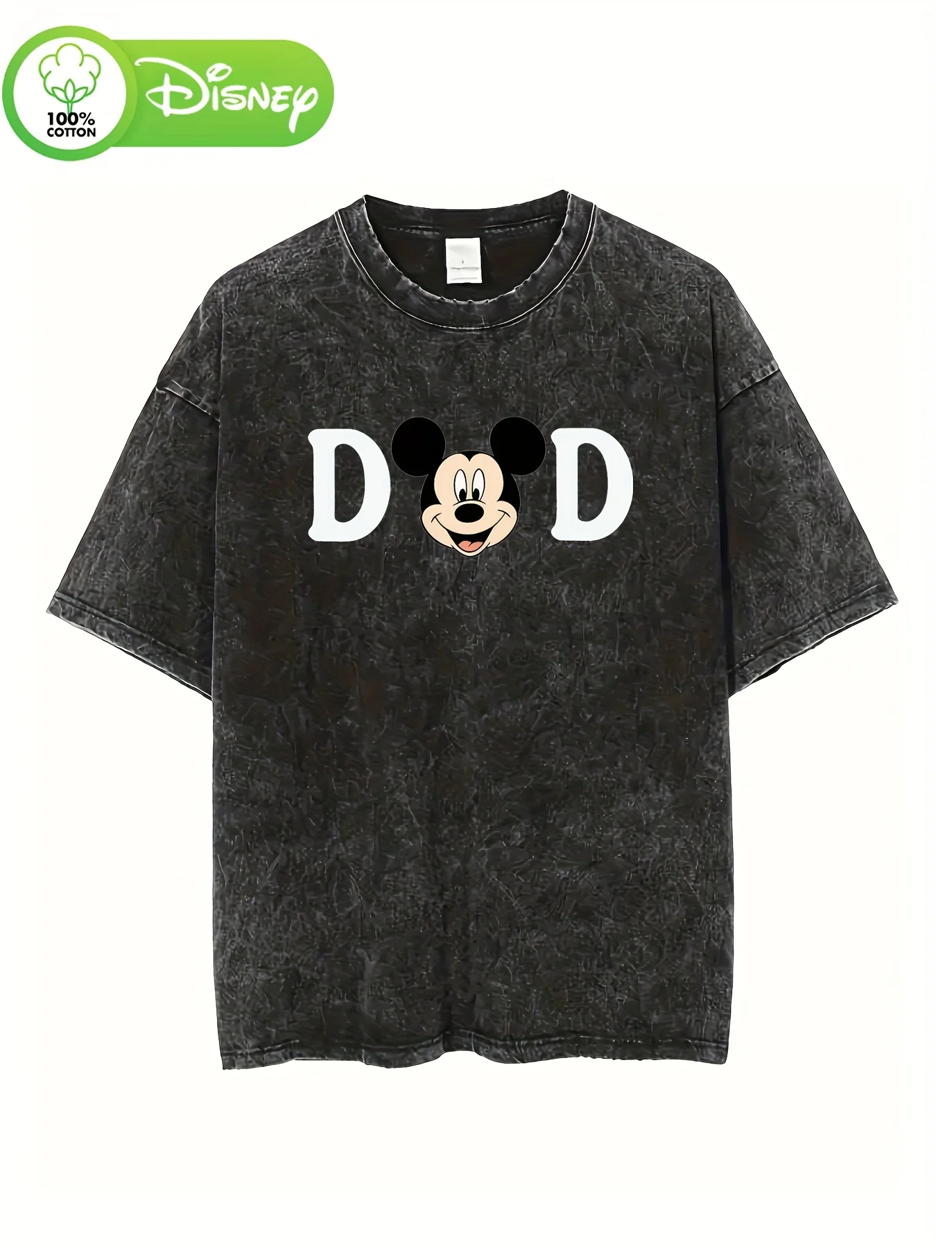 

Disney Men's Casual Pattern T-Shirt - Mickey Mouse Print "D D" Black Vintage Washed Summer Casual Short Sleeve