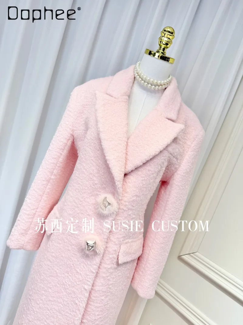 High-end Elegant Wool Coat Suit Collar Three-dimensional Fur Flower Buttons Mid-length Coat French Socialite Tweed Coat Thicken