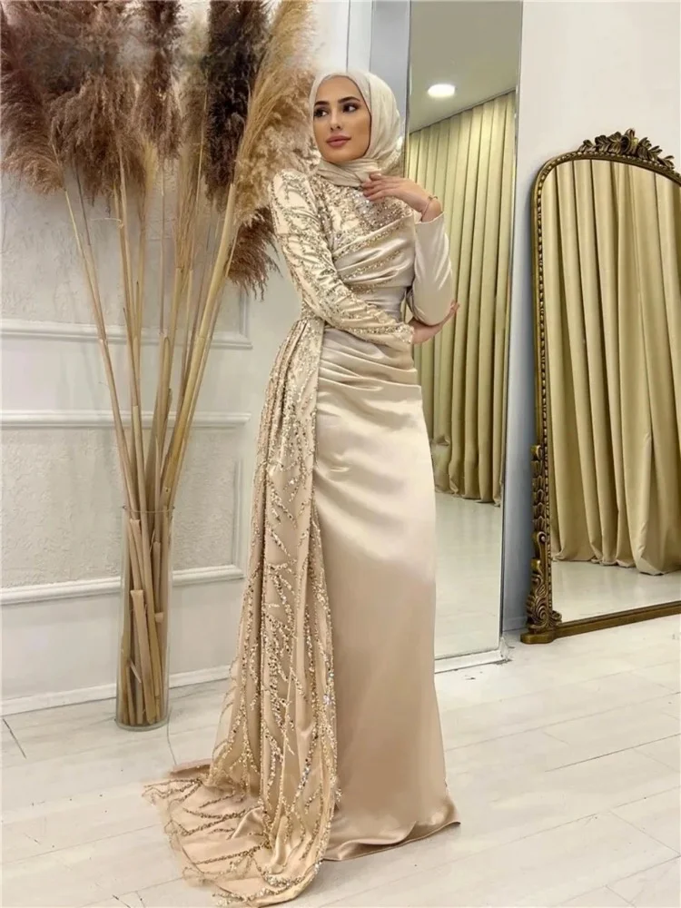 Robe de Soirée Arabe à Col Haut, Couleur Champagne, Hijab, Longueur au Sol, Balayage Traîne, Manches sulf, Formelle, Personnalisée, 2024