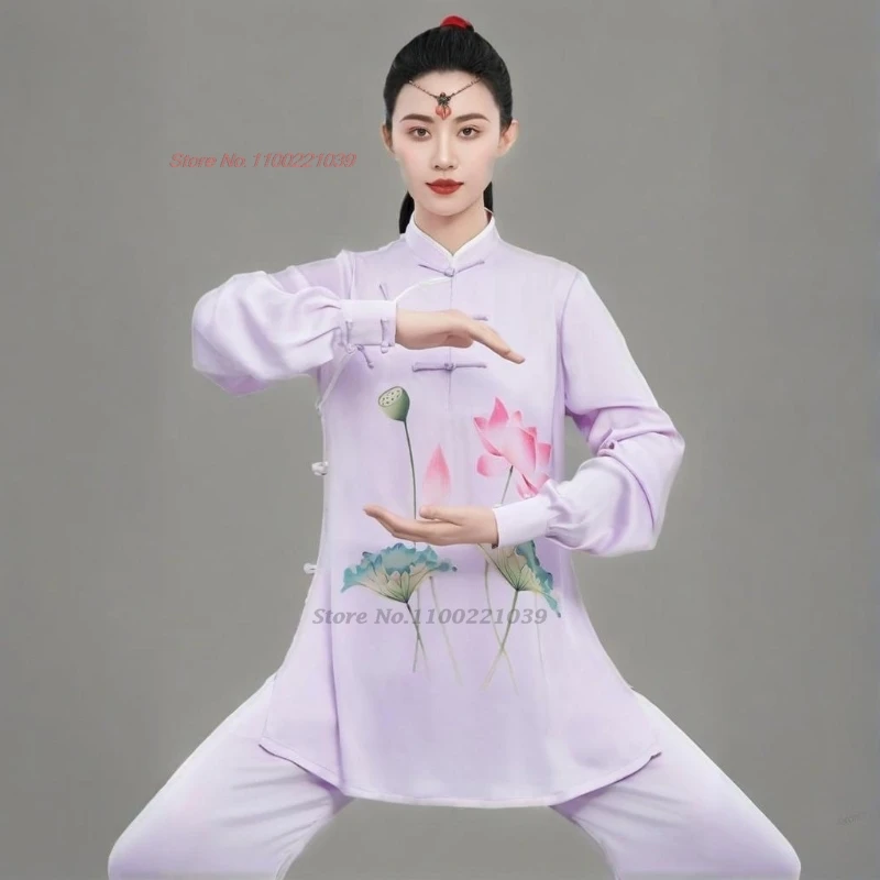 

2025 китайская одежда для кунг-фу, тай-чи, боевые искусства, ушу, тренировочная форма для упражнений, топы с цветочным принтом + брюки, комплект для прогулок на открытом воздухе