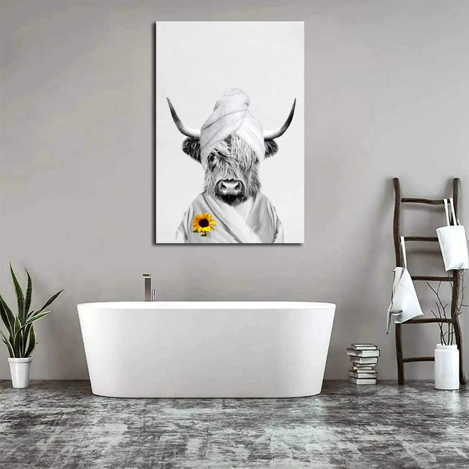 Highland Cow Bathroom Canvas Prints Towel Spa Bathrobe Shower Wall Art Funny Cow Black White Animal Poster Canvas Painting