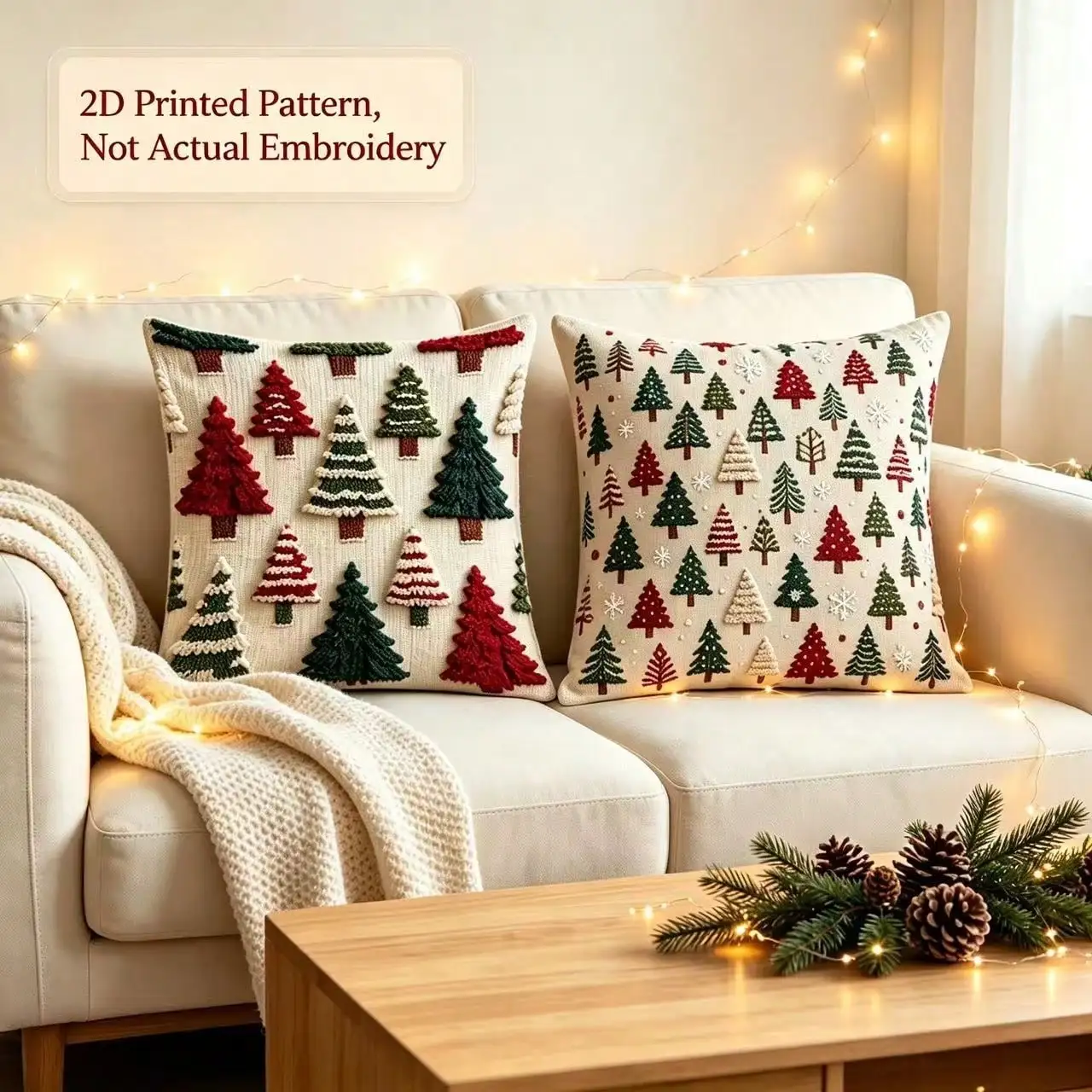 Christmas Throw Pillow Covers, Christmas Tree Pattern Non-Real Embroidery Decorative Cushion Cases, Festive Holiday Pillowcases For Sofa Couch Bed Living Room Bedroom Home Decor, Farmhouse Rustic Christmas Decoration, Cozy Winter Decor For Your Home