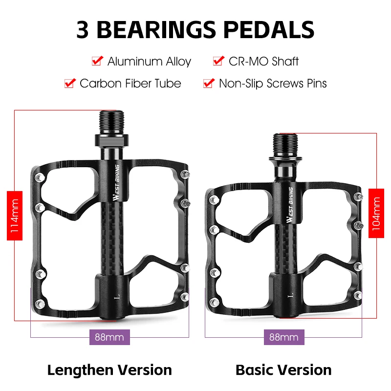 WEST BIKING 3 Bearings Pedals Carbon MTB Road Bicycle Flat Pedal Anti-slip Ultralight Aluminum Alloy Pedal Road Bike Accessories