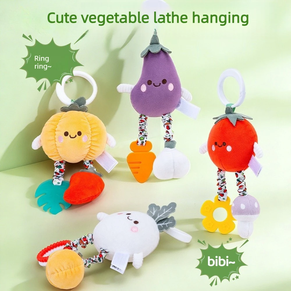 4 peças de brinquedos suspensos para berço com formato de animais e vegetais frescos, macios, de pelúcia, com som relaxante, educativos para bebês.