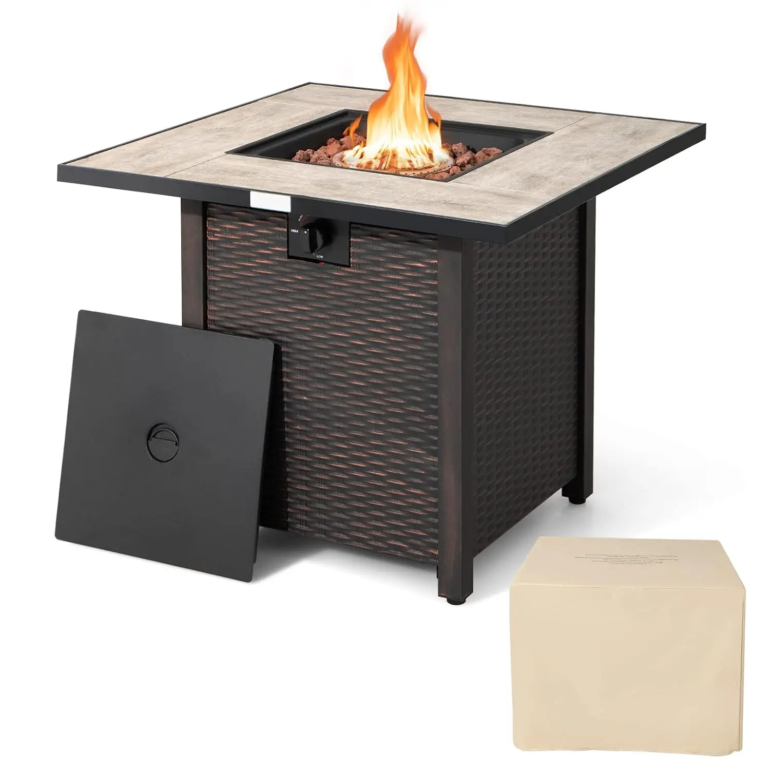 30 Inch Propane Gas Fire Pit Table, 50000 BTU Ceramic Top with PVC Cover & Lava Rocks for Outdoor Patio, Customized