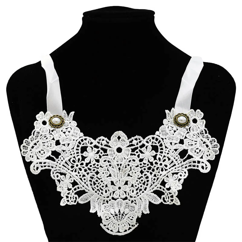 Adjustable Silk Ribbon Lace Bib Necklace For Women Elegant Imitation Pearl Sexy White Lace Wedding Bride Jewelry Accessories