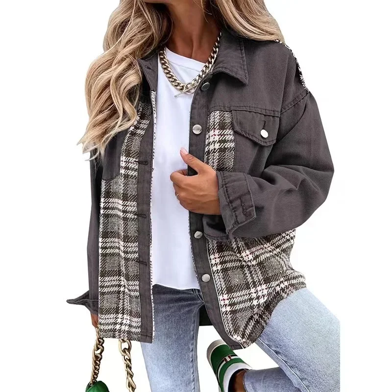 2024 neue Herbst Frauen Knopf Mantel Frühling unregelmäßige Tops Outwear Mujer Vintage Mode Plaid Print Patchwork Jeans jacke elegant