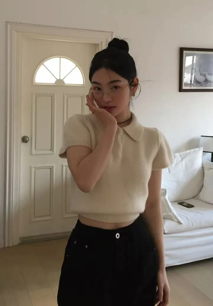 Maglione a maniche corte lavorato a maglia 3 colori da donna rosa morbido top coreano chic stile manica corta pullover lavorato a maglia femme primavera 2026 (K9088