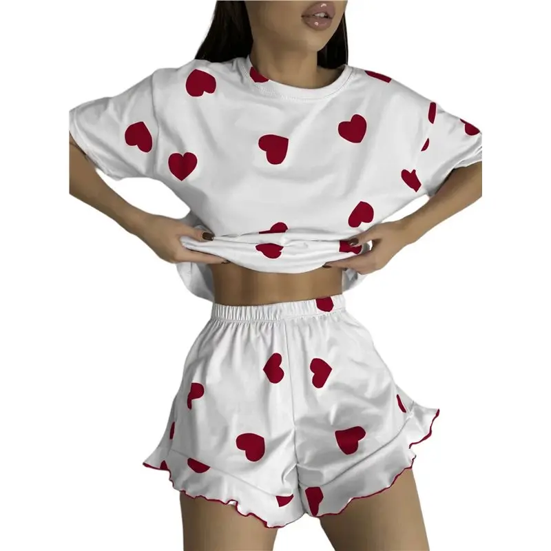 Womens Crew Neck Heart Print Short Sleeve Ruffle Shorts Two Piece Loungewear Set Eco-Friendly