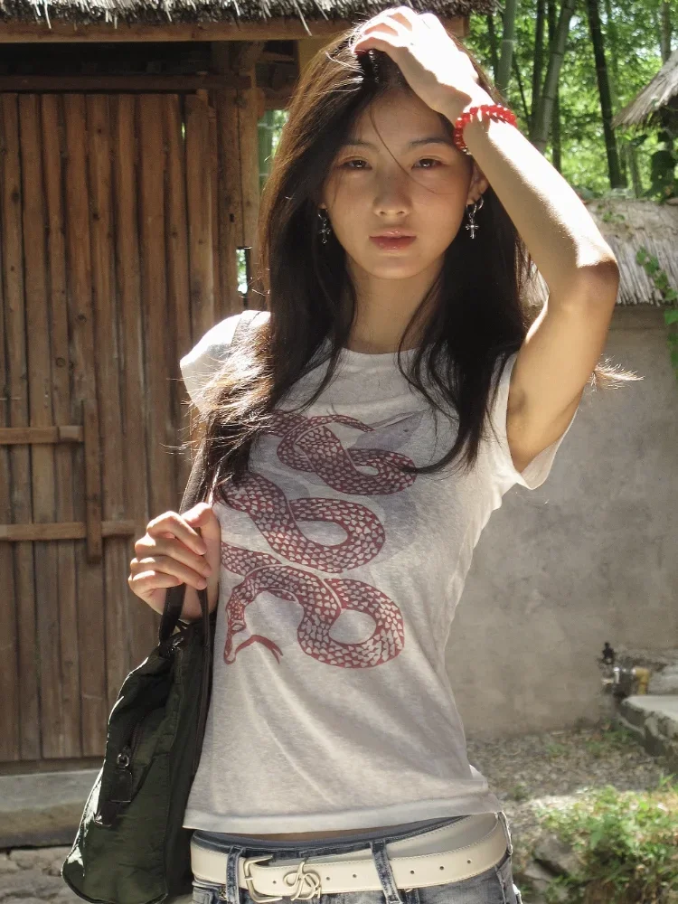 ADAgirl Y2k Snake Print T-shirts for Women Vintage White Short Sleeve Graphic Tee 2000s High Street Summer Slim Tops Alt Clothes