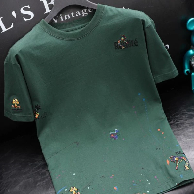 Men Clothing Fashion Splash-ink Embroidery Printed Short-sleeve T-shirt 2024 Summer New Light Luxury Short Sleeve Tee Shirt Tops