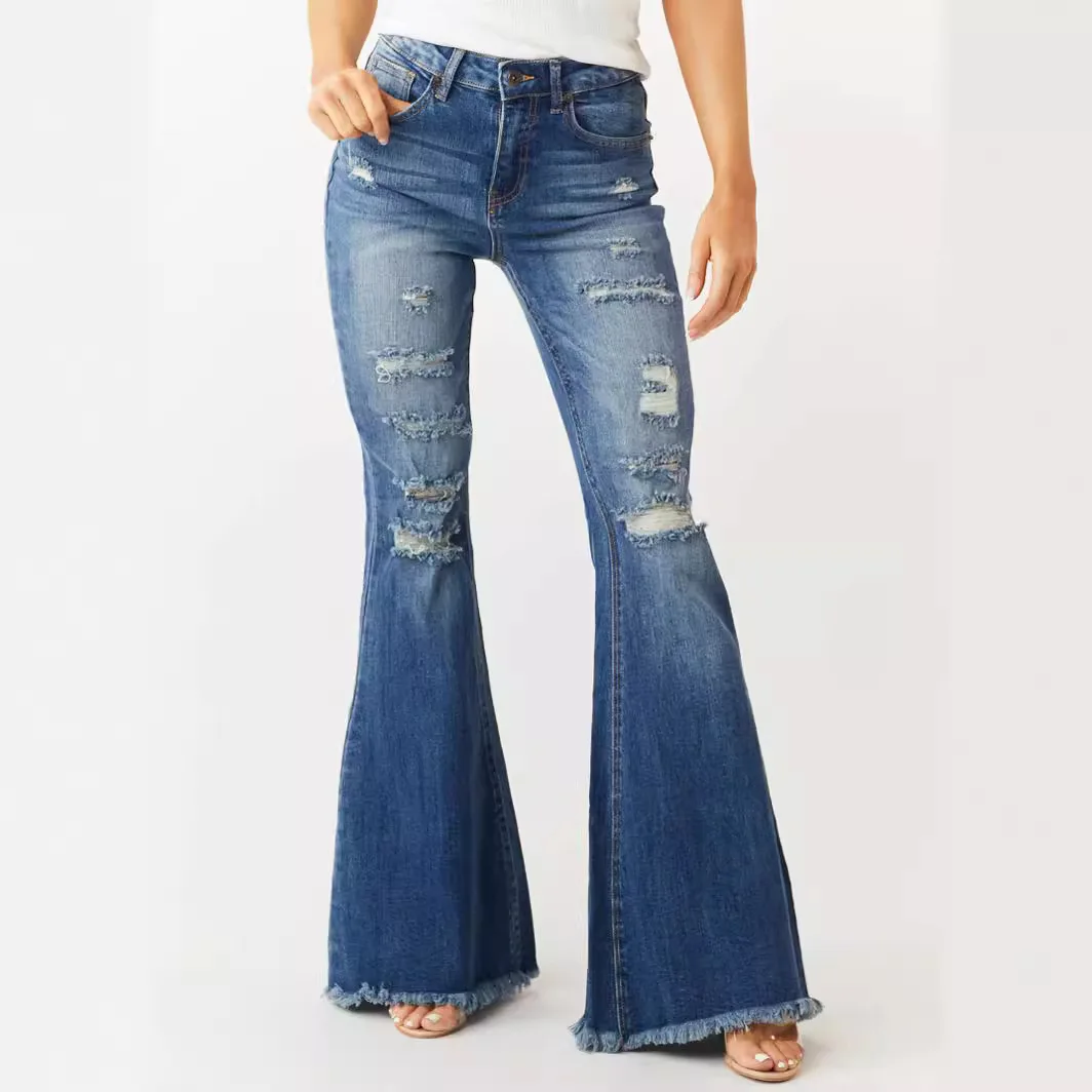 

Женские джинсы, расклешенные джинсовые брюки, потертые вручную полые брюки с кисточками, винтажные повседневные тонкие потертые осенние женские брюки, эластичные корейские